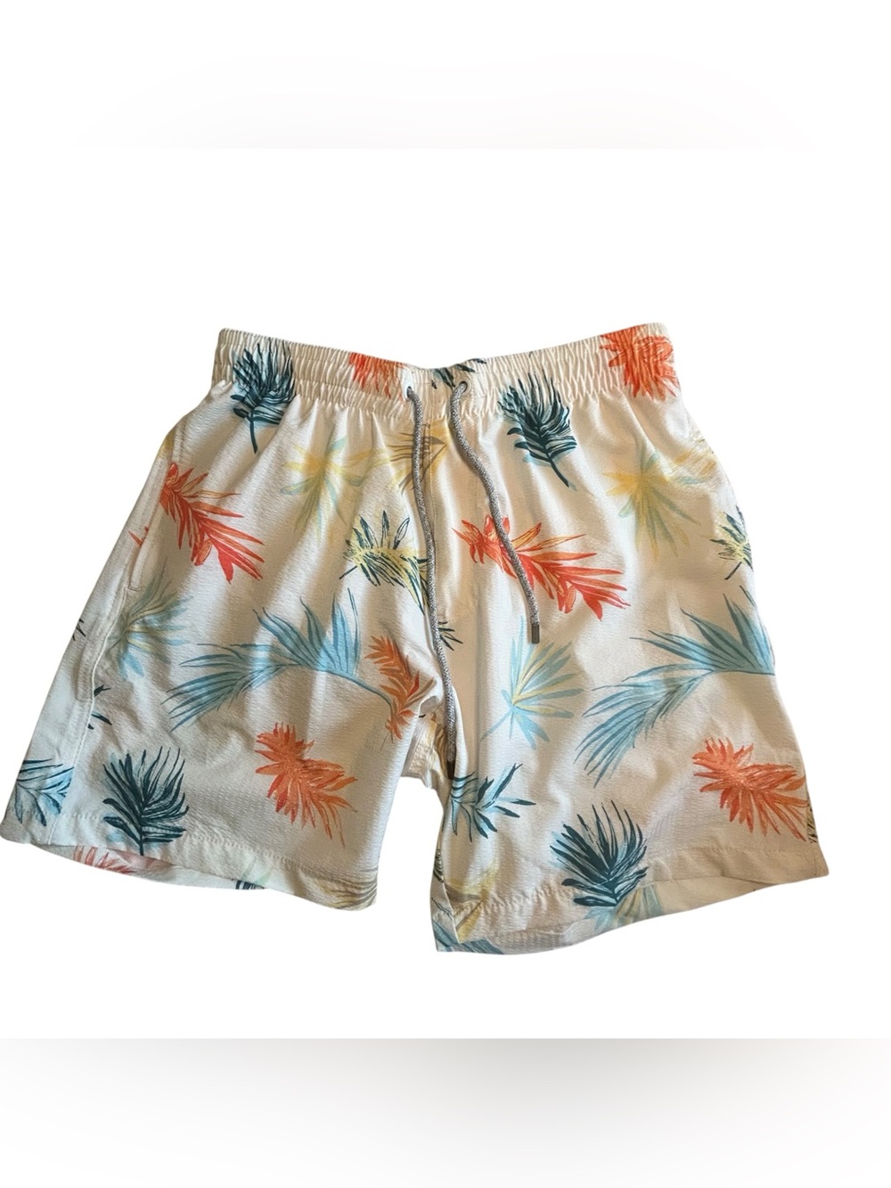 Free Planet Cream Tropical Leaf Swim Trunks with Blue and Orange Accents